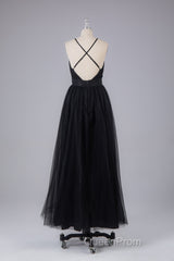 Elegant Tulle Spaghetti Straps Backless Floor Length Evening Prom Dresses