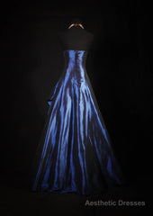 Vintage Ball Gown Strapless Navy Blue Satin Long Prom Dresses Party Dress