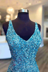 Glitter V-Neck Tiffany Blue Mermaid Evening Prom Dreess