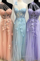 Sweetheart One Shoulder Pink Evening Prom Dresses with Flowers