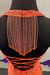 Halter Orange Sequins Bodycon Homecoming Dresses with Tassel