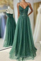 Hunter Green A-line Beaded Applique Straps Tulle Long Evening Prom Dresses
