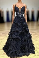Gorgeous Black Straps Ruffled Long Evening Prom Dresses with Appliques