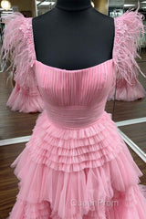 Cold Shoulder Pink Feathers A-Line Tiered Evening Prom Dresses