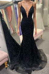 Lace-Up Black Plunging Neck Mermaid Evening Prom Dresses with Appliques