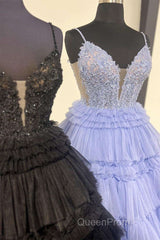 Plunging V-Neck Straps Appliques Layered Evening Prom Dresses