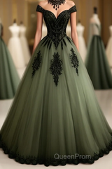 Green A-line Tulle Evening Prom Dresses Off The Shoulder Formal Evening Gown