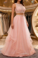 Fairy Blush Pink Two Piece Long Evening Prom Dresses