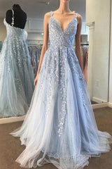 Fairy Light Blue Lace Appliques Tulle A-line Long Evening Prom Dresses
