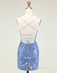 Glitter Blue Spaghetti Straps Beaded Sequins Short Tight Homecoming Dresses