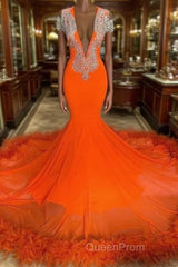 Gorgeous Orange Long Mermaid Tassel V-neck Evening Prom Dresses with Sleeves