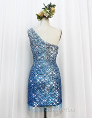 Gorgeous Sparkly Sequin One Shoulder Tight Homecoming Dresses With Fringe