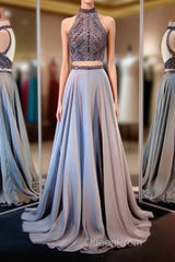 Gray Two Piece Long Evening Prom Dresses with Sparkly Beading