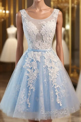 Light Blue Tulle Lace Applique Short Homecoming Dresses with Straps