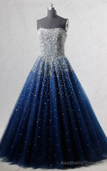 Royal Blue Strapless Sleeveless Beading Sequined Tulle Floor Length Long Prom Dress