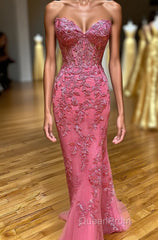 Coral Sweetheart Lace-Up Long Mermaid Evening Prom Dresses with Appliques