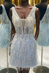 Light Blue Beaded Sequins Tight Homecoming Dresses with Feathers