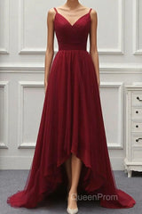 A Line High Low Tulle Evening Prom Dresses with Train, Burgundy V Neck Backless Formal Dresses