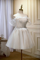 Chic Ivory Spaghetti Straps Off The Shoulder Tulle Homecoming Dresses