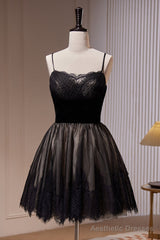 Black Spaghetti Straps Lace Tulle Short Homecoming Dresses
