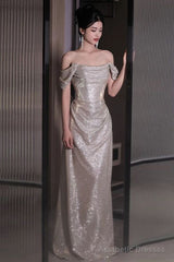 Short-Sleeve Off Shoulder Glitter A-Line Prom Dresses