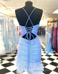 Light Blue Spaghetti Straps Tight Homecoming Dress With Feather