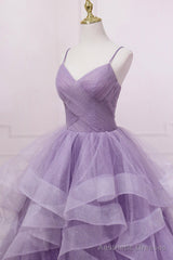 Purple Tulle Long Prom Dress, A-Line Spaghetti Strap Evening Gown