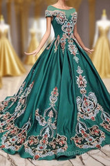 Luxury Green Round Neck Short Sleeves Evening Prom Dresses with Beading