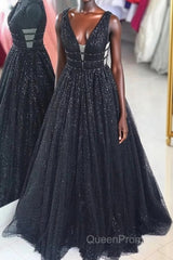 Black Sparkly V-neck For Mal Evening Prom Dresses Pretty Princess Dresses For Teens