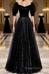 Modest Sparkly Black Long A-line Evening Prom Dresses With Sleeves Evening Gowns