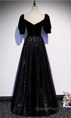 Modest Sparkly Black Long A-line Evening Prom Dresses With Sleeves Evening Gowns
