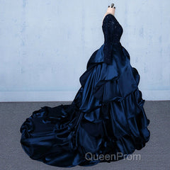 Formal V-neck Beading Lace Satin Backless Ball Gown Evening Prom Dresses With Sleeves