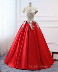 Modest Red Cap Sleeves Ball Gowns Lace Satin Evening Prom Dresses Evening Dresses