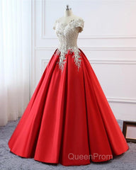 Modest Red Cap Sleeves Ball Gowns Lace Satin Evening Prom Dresses Evening Dresses