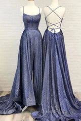 Beautiful Spaghetti Straps Backless Long Blue Party Evening Prom Dresses