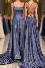 Beautiful Spaghetti Straps Backless Long Blue Party Evening Prom Dresses