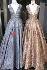 Amazing Unique V-neck Long Evening Prom Dresses Gorgeous Modest Floor Length Party Dresses