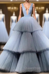 Modest Ball Gown Long V-neck Light Blue Princess Evening Prom Dresses Quinceanera Dresses
