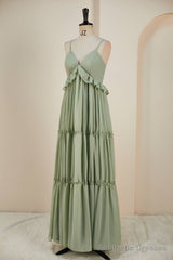 Sage Lace-Up Deep V Neck Ruffled Empire Long Prom Dress