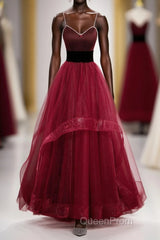 Wine Red Straps Beaded Sweetheart Tulle Formal Dresses, Wine Red A-Line Evening Prom Dresses