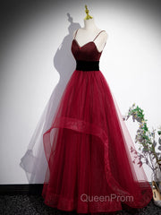 Wine Red Straps Beaded Sweetheart Tulle Formal Dresses, Wine Red A-Line Evening Prom Dresses