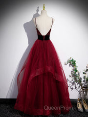 Wine Red Straps Beaded Sweetheart Tulle Formal Dresses, Wine Red A-Line Evening Prom Dresses