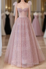Lovely Shiny Tulle Pink Round Long Formal Dresses, Pink Tulle Evening Prom Dresses