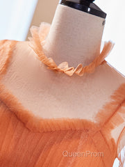 Unique High Neck Tulle Long Evening Prom Dresses, Orange Formal Evening Dresses