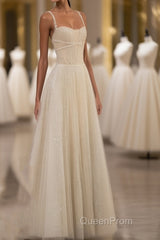 Champagne Tulle Long Evening Prom Dresses, Champagne Tulle Formal Dresses