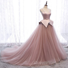 Pink Spaghetti Straps Tulle Long Formal Evening Prom Dresses, Unique Long Wedding Dess
