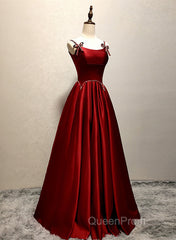Wine Red Satin Straps Round Neckline Party Dresses, Wine Red Long Evening Prom Dresses