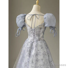 Cute Floral Printed Long Prom Dress A Line Puff Sleeves Blue Party Gown