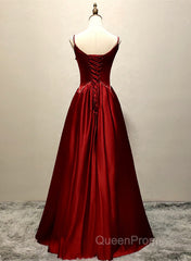 Wine Red Satin Straps Round Neckline Party Dresses, Wine Red Long Evening Prom Dresses
