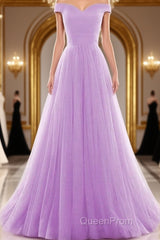Beautiful Lavender Tulle Off Shoulder Long Formal Dresses, Beautiful Party Gowns
